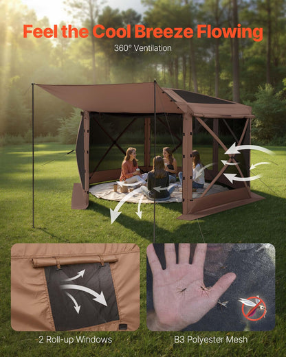 VEVOR Pop up Gazebo Screen Tent, 12 x 12 ft Large 6-Sided Camping Canopy Tent with Removable Top & Carry Bag, Quick-Set & Bite-Proof, Screen House Sun Shelter for 8-10 Persons Backyard Patio, Brown
