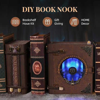 Book Nook Kit DIY Miniature Dollhouse Magic Booknook Kit 3D Wooden Puzzle Bookend Bookshelf with LED Light for Adults Teens (Circle of Magic)