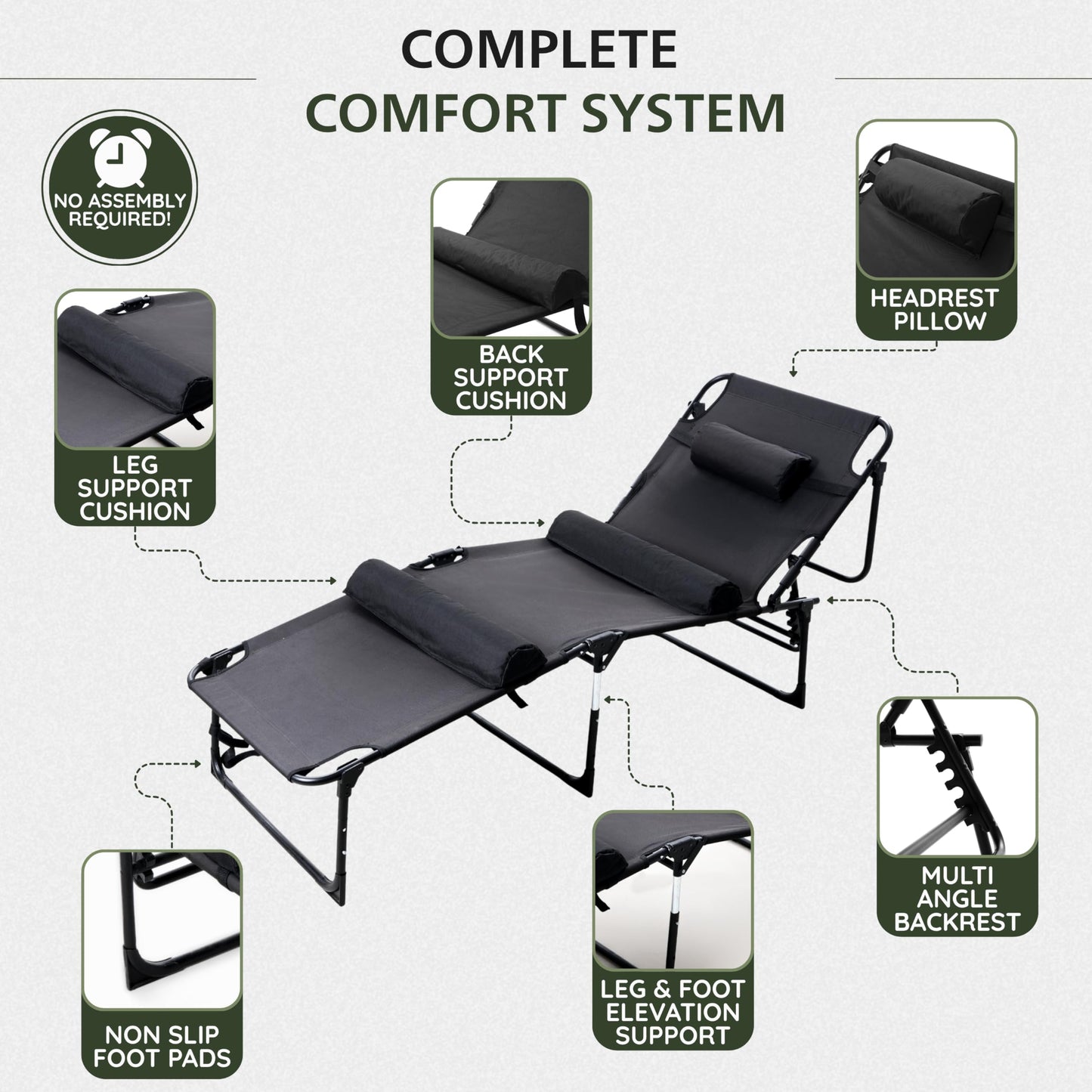 PLEOFLO Outdoor Lounge Chair | Extra Large Portable cot incl Leg Raising adjustability | Easy Setup & Takedown | Supports Adults up to 300 lb | Ideal for Camping Patio, Balcony, Beach & More