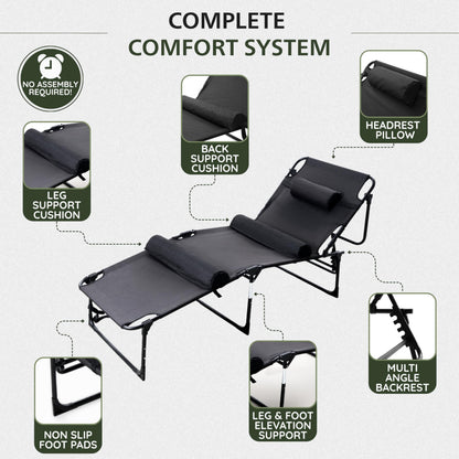 PLEOFLO Outdoor Lounge Chair | Extra Large Portable cot incl Leg Raising adjustability | Easy Setup & Takedown | Supports Adults up to 300 lb | Ideal for Camping Patio, Balcony, Beach & More