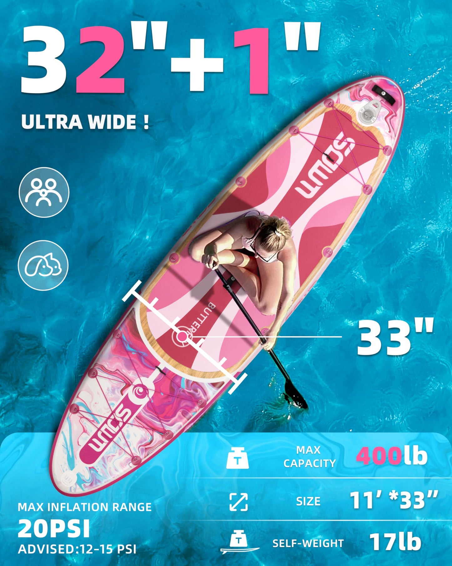 SOWM Inflatable Paddle Boards 11'x33'' with Sup Accessories, Stand Up SUP Paddle Board Inflatable for Adults Youth, Extre Wide & Non-Slip Sup for All Skill Levels Pink