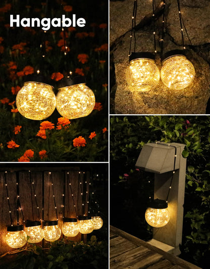 PARTPHONER Solar Lights Outdoor Waterproof 24-Pack, Solar Powered Hanging Lantern Cracked Glass Hanging Globes for Yard Decor Christmas Decoration, Shepherd Hook, Garden Tree Table Ornaments, Warm