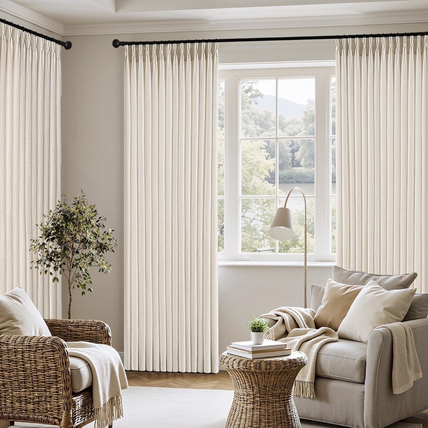 MIULEE Pinch Pleated Linen Curtains - 90-Inch Ivory Cream Semi-Sheer Drapes | 4 Panels for Light Filtering Privacy