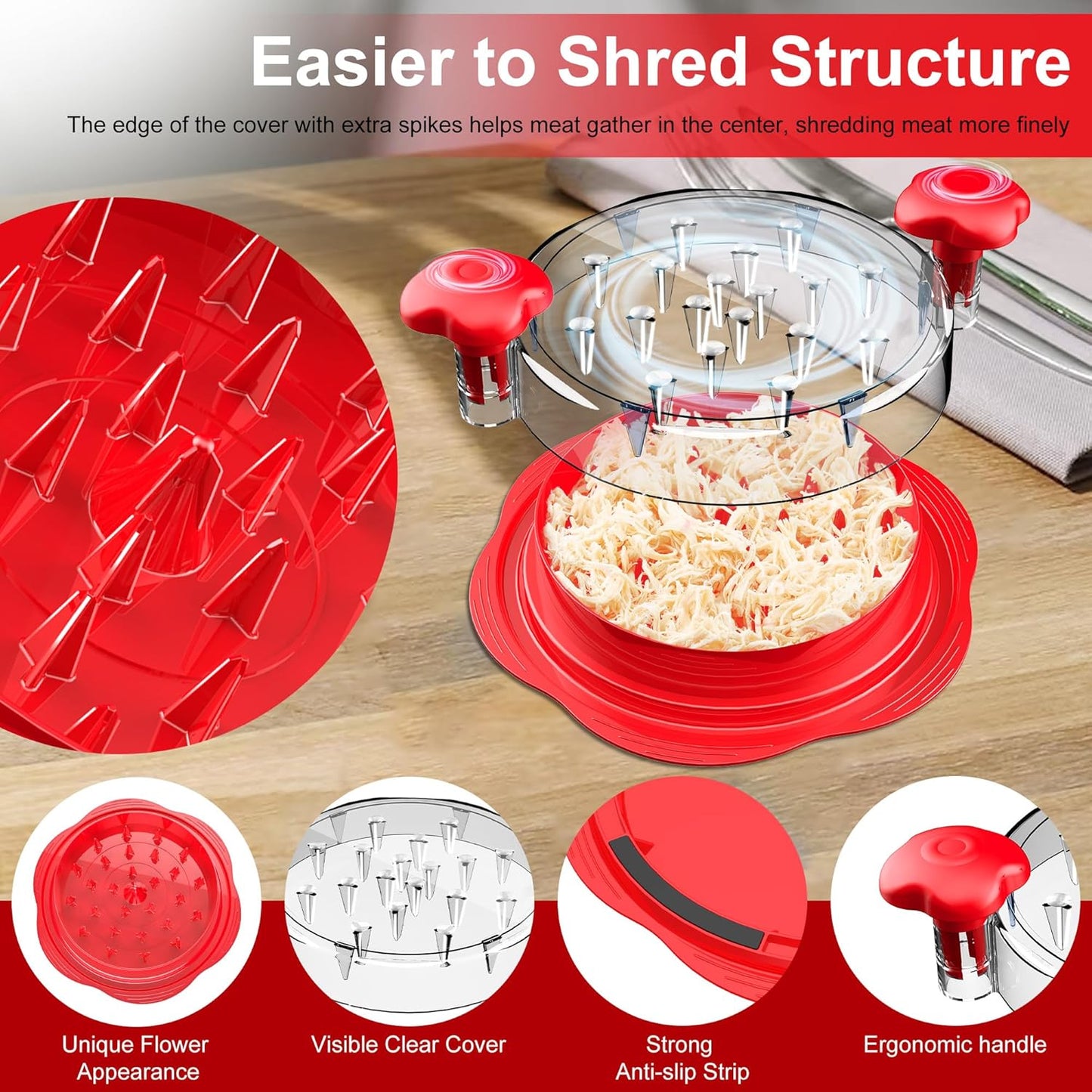 SURETIVIAN Chicken Shredder - Ergonomic Large Meat Shredder Tool with Brush & Fork | BPA-Free, Red