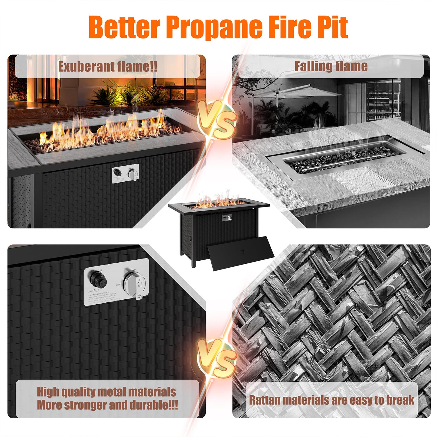 45 inch Propane Fire Pit Table, 50,000 BTU Outdoor Gas Fire Pit Table with Lid, Waterproof Cover, Rectangle Gas Firepit Table for Garden/Patio