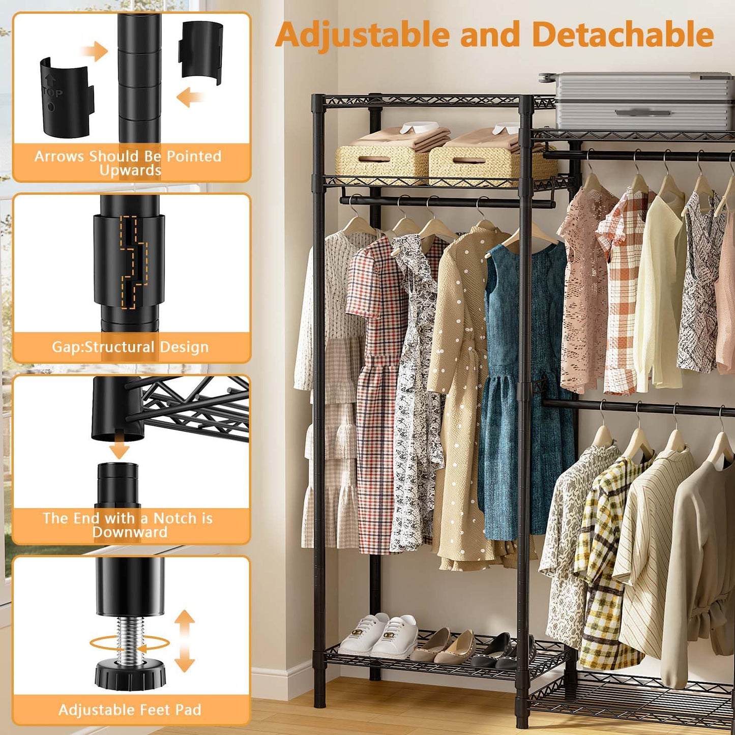 ROOMTEC Portable Closet Heavy Duty Clothes Rack Freestanding Wardrobe Closet Load 1000 LBS with Adjustable Wire Shelves, Hanging Rods, Hooks, 70.8" L x 15.1" W x 76.7" H, Black