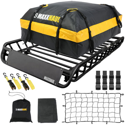 MaxxHaul 51210 Roof Rack Cargo Carrier Set Steel 46" x 36" Basket with 44" x 34" x 17" Roof Bag, 36" x 60" Cargo Net, and Two 1" x 15 ft Ratchet Straps 150 lb Capacity
