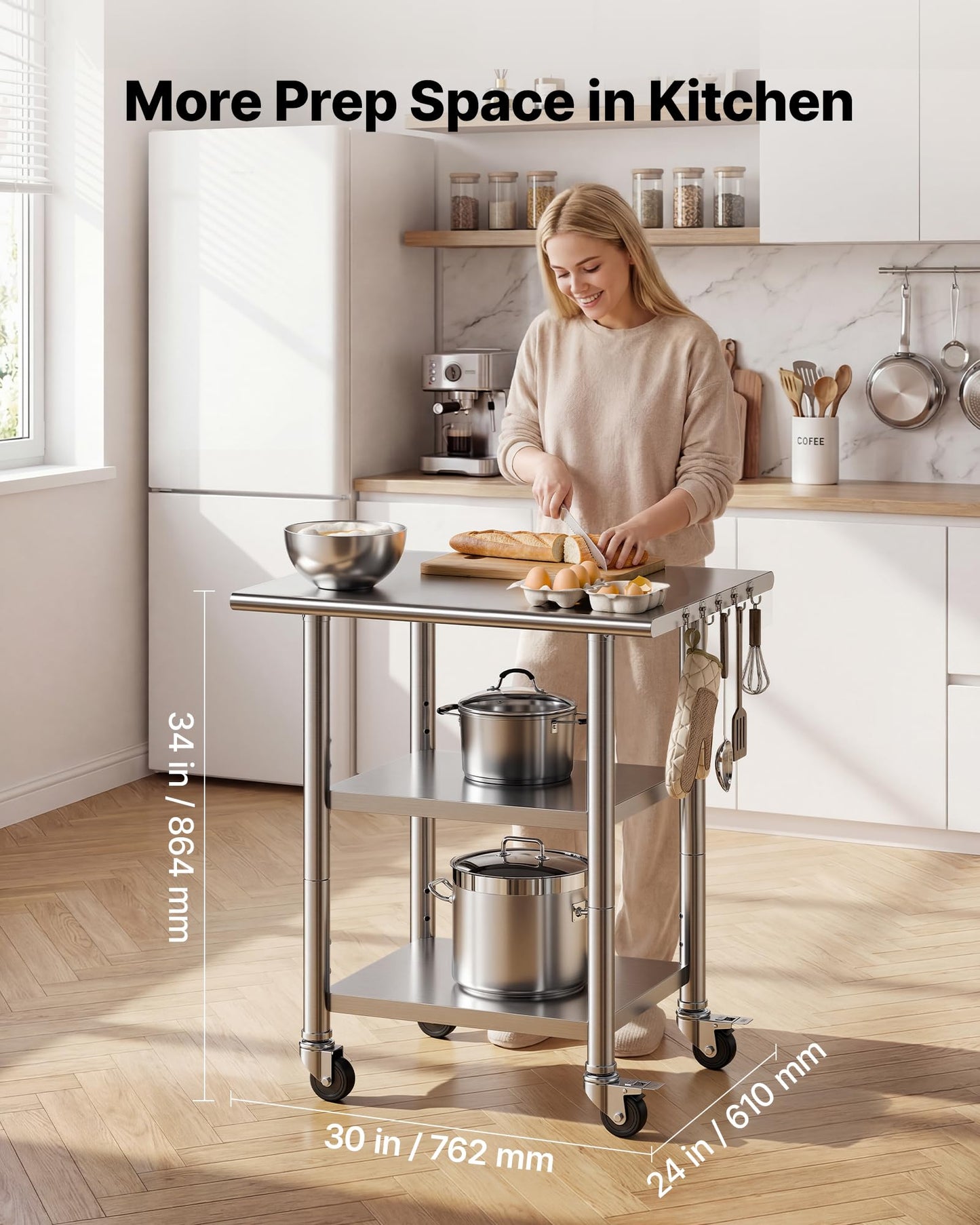 VEVOR Stainless Steel Work Table, 24x30 Inch Food Prep Table with 2 Shelves and Wheels, Commercial Kitchen Workstation, Metal Heavy Duty Utility Worktable, for Restaurant Home Hotel Garage Outdoor