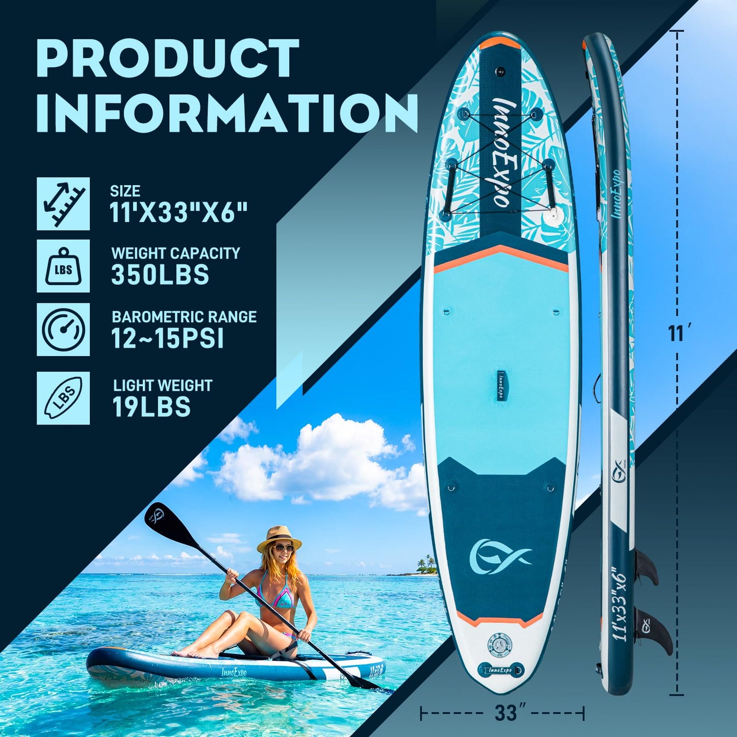 InnoExpo 11' Inflatable Stand Up Paddle Boards with Premium Accessories, Wide Stable SUP Paddle Board Design, Non-Slip Comfort Deck for Youth & Adults (Tropical/Kayak Seat)