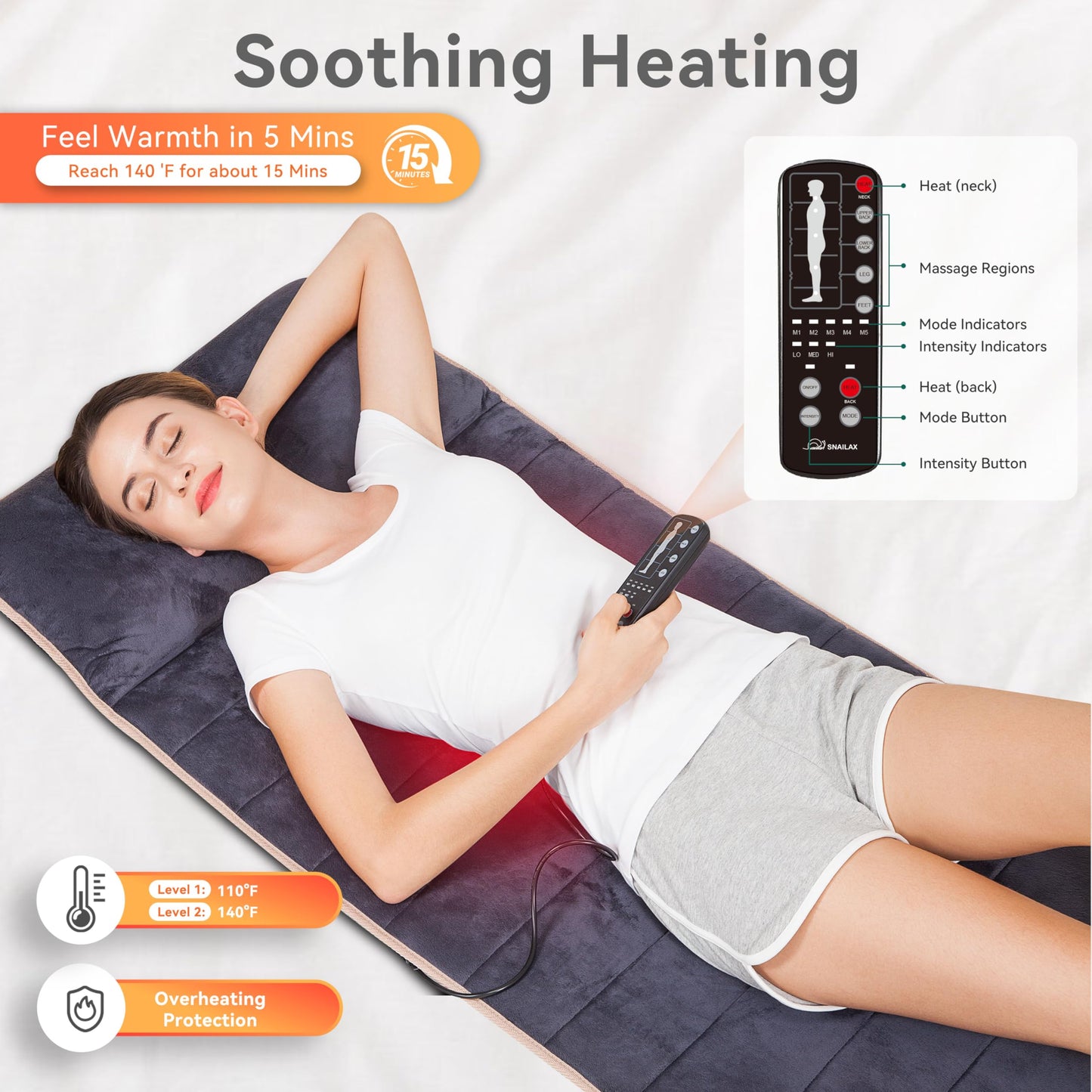 Snailax Memory Foam Full Body Massage Mat with Heat, Back Massager with 10 Vibration Motors, 6 Heating Pads, Massage Chair Pad for Neck, Back, Waist, Legs