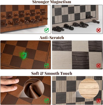Strong Magnetic Chess Set for Adults &amp Kids 15.4 Leather Chess Board &amp Handcrafted Wooden Chess Pieces with Storage Slots Portable Travel Chess Game for Beginner and Professional