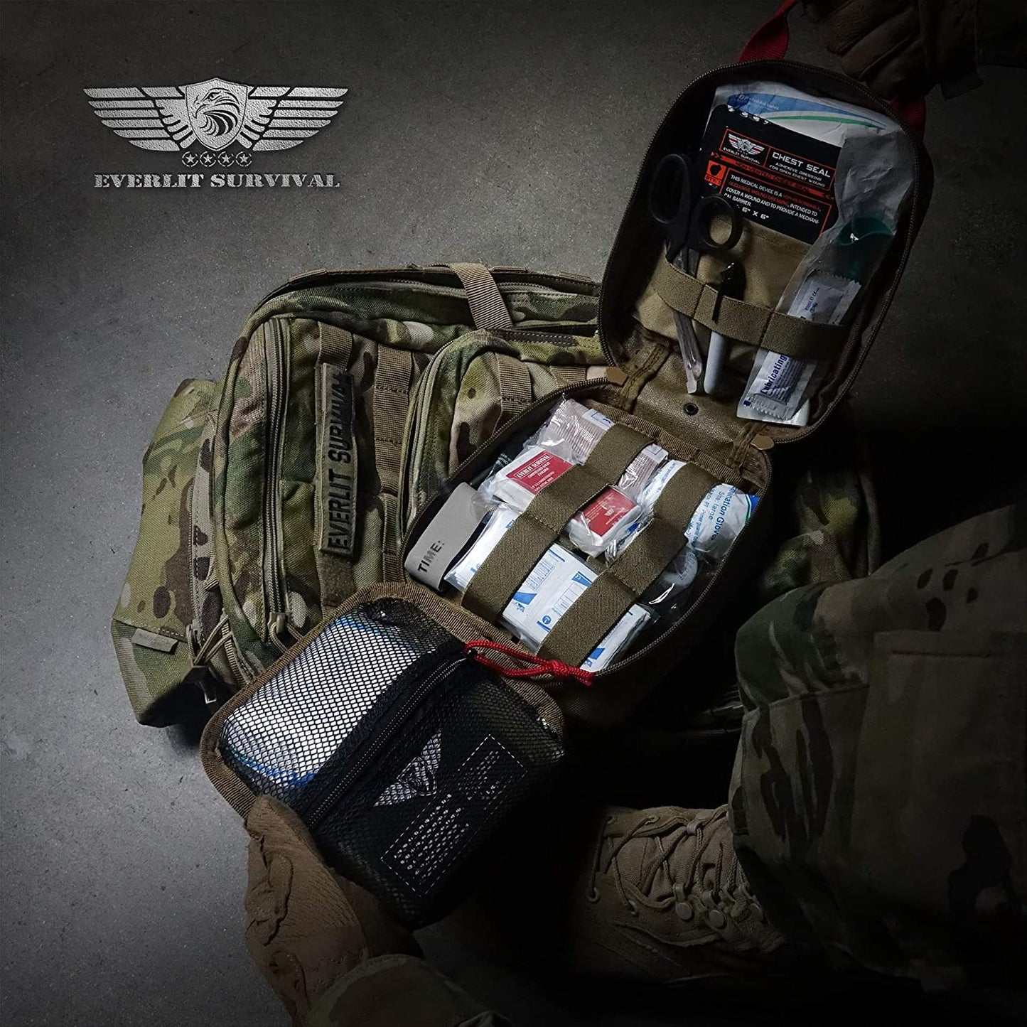 EVERLIT Advanced Trauma Kit, CAT GEN-7 Tourniquet, TCCC Compliant, Mil-Spec Nylon Laser Cut Pouch with 36" Splint, Military Combat Tactical IFAK for Emergency Bleeding Control (Black)