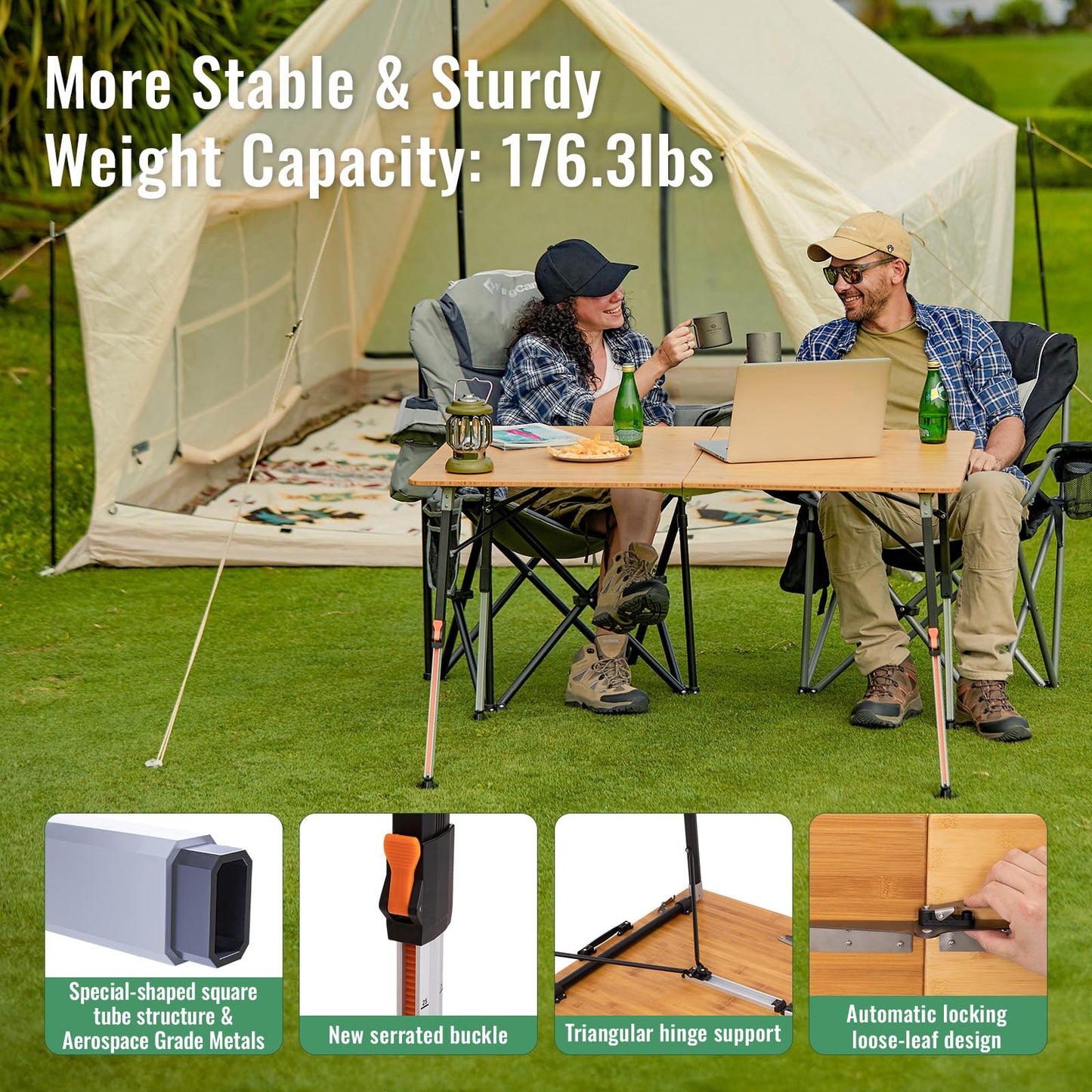 KingCamp Bamboo Folding Table, 2-Fold Camping Adjustable Height Portable Outdoor Lightweight & Compact Table with Aluminum Frame for RV Picnic BBQ