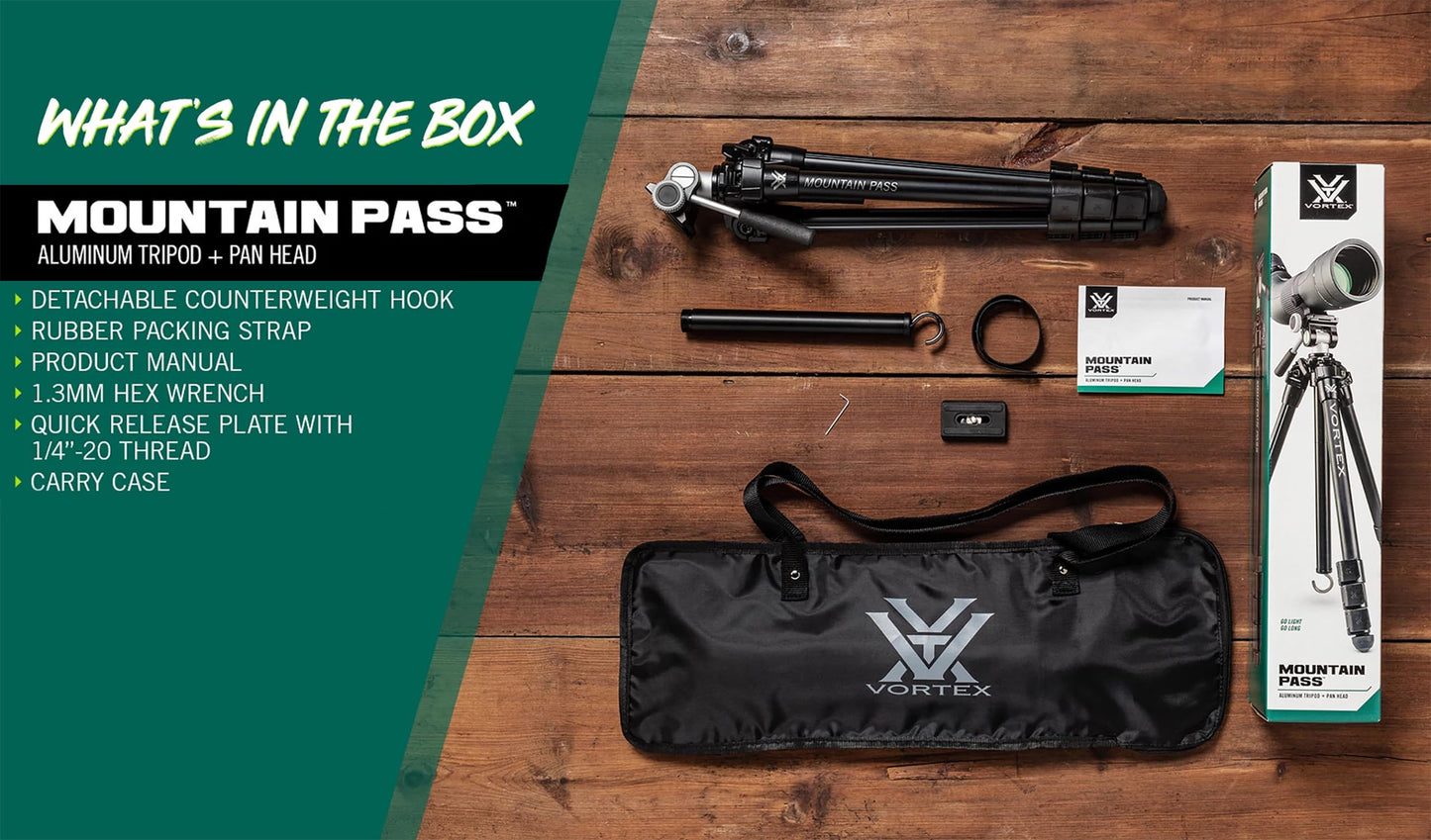 Vortex Optics Mountain Pass Tripod Kit - 2-Way Pan Head, 22 lb Max Load, Arca-Swiss Head Mount - Unlimited, Unconditional Warranty