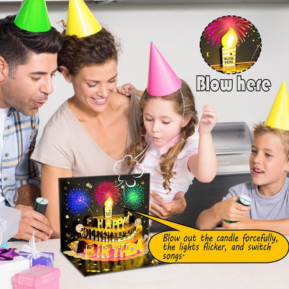 Bevbovcard Pop Up Birthday Cards for Men - LED Light & Music with Blow The Candle, 3D Balloons, Singing Happy Birthday gifts Card for Husband - Women, Kids, Son, Her, & Dad