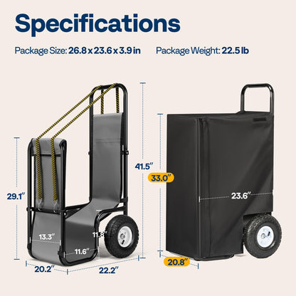 VIVOHOME Firewood Log Cart Carrier with Cover and 600D Oxford Cloth, 250 LB Capacity Heavy Duty Steel Log Carrier Dolly Hauler, Rolling Wood Rack Storage Mover for Easy Transport Indoor Outdoor Use