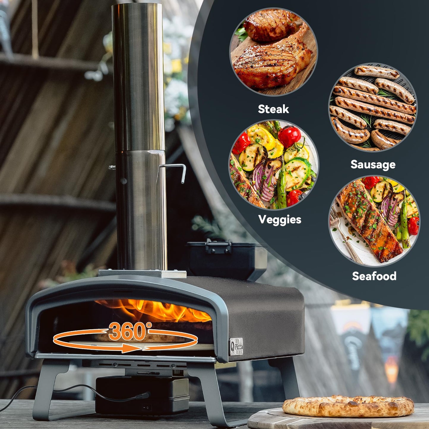 Q Pizza Wood Pellet Pizza Oven with Rotatable Stone, Portable Pellet Pizza Oven with Chimney and Door, Outdoor Pizza Stove for Backyard, Camping, Picnicking, RV, Tailgating, PS106