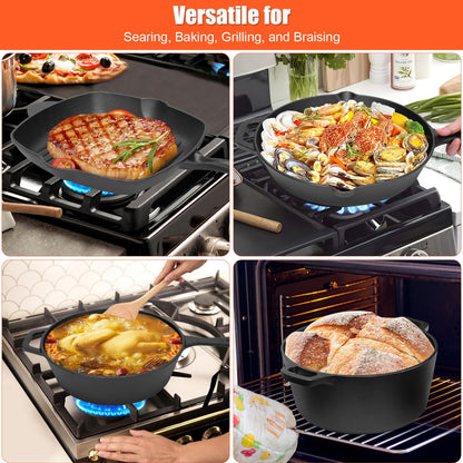 QuliMetal Seasoned Cast Iron Cookware Set, 5-Piece Bundle – 11" Grill Pan, 12" Skillet, 5QT Dutch Oven, 3.2QT Dutch Oven with 1.6QT Skillet Lid, Pre-Seasoned Cast Iron Pots and Pans for Home Cooking