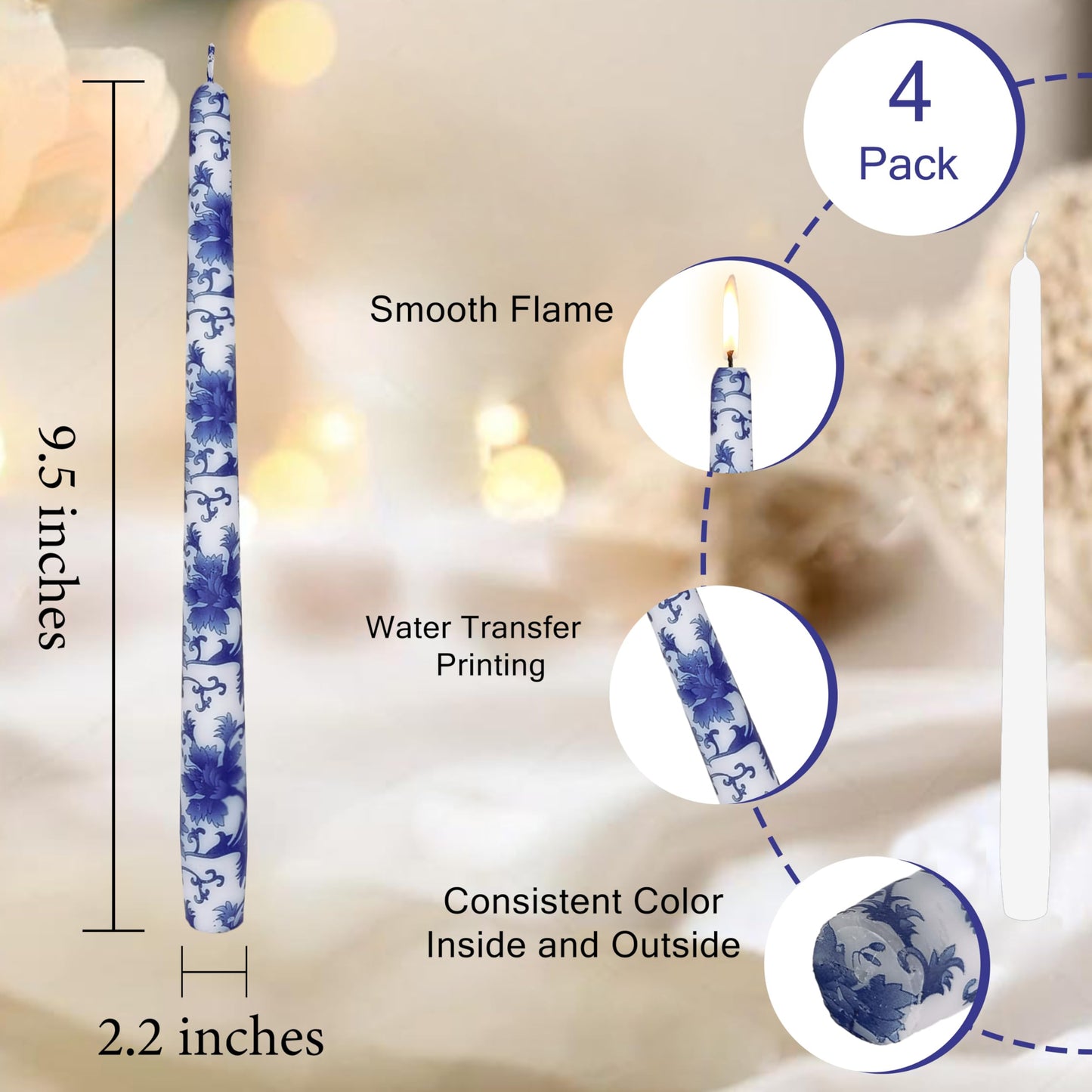 Blue and White Porcelain Taper Candlesticks 10 in Print Taper Candles Unscented Smokeless Handmade Printing Candle Tall Tapered Candle Sticks for Home Dinner Wedding Decor Simple Modern, 4 Pack
