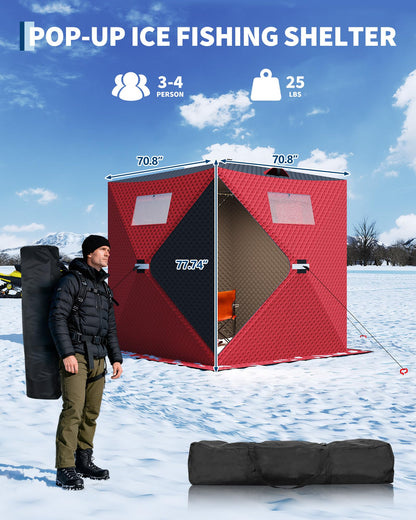 Garvee Pop-up Ice Fishing Tent for 3-4 Persons, Hub-Style Insulated Portable Ice Fishing Shelter with Carrying Bag, Zippered Door, Wind Rope & Anchors, Red
