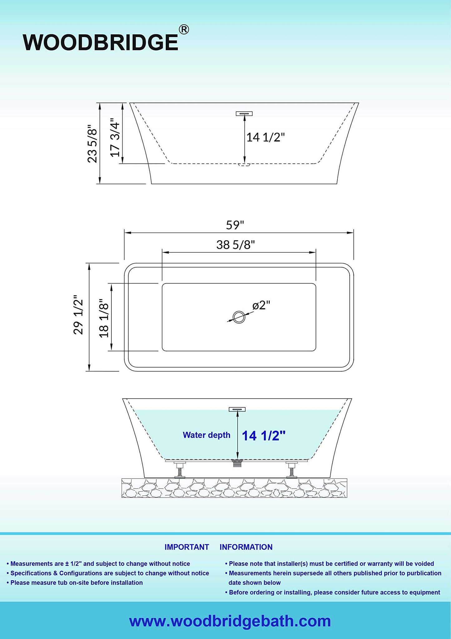 WOODBRIDGE 59" Acrylic Freestanding Bathtub Contemporary Soaking White Tub with Brushed Gold Overflow and Drain，BTA1509 -BG-Drain &O