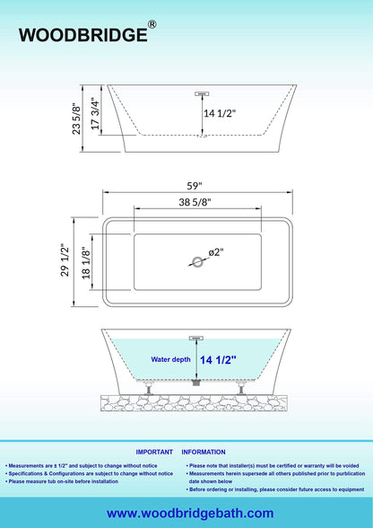 WOODBRIDGE 59" Acrylic Freestanding Bathtub Contemporary Soaking White Tub with Brushed Gold Overflow and Drain，BTA1509 -BG-Drain &O