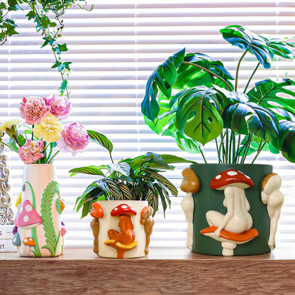 GUGUGO Mushroom Lady Body Plant Pots 8 Inch, Quirky Unique Cute Planters Boho Funky Eclectic Home Decor, Mushroom Butt Flower Pots, Indoor Planting Pot, Modern Aesthetic for Decorating, Dark Green