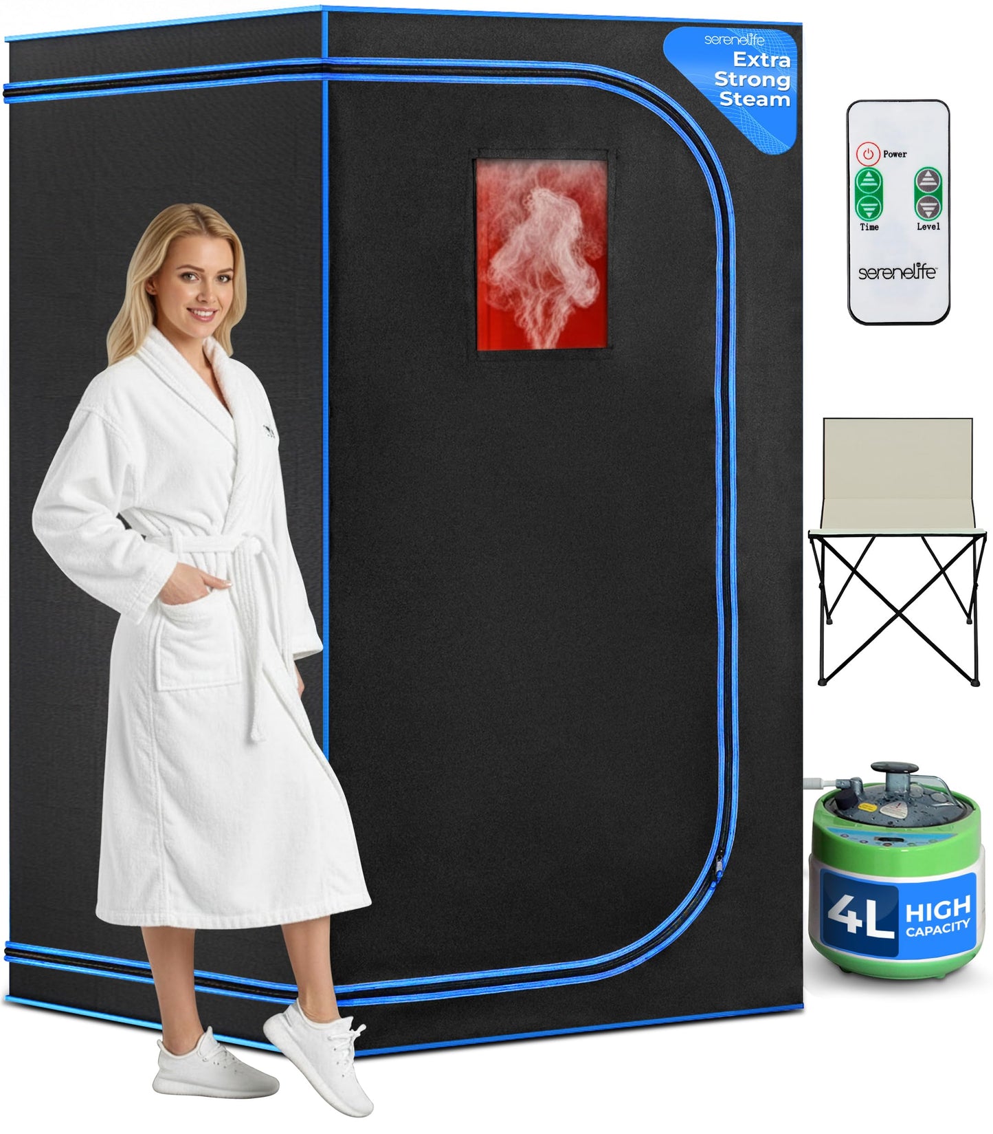 SereneLife Portable Steam Sauna Tent with Extra Large 4L Steamer - Includes Folding Sauna Chair, Remote Control w/ 9 Heat Levels for in-Home Spa - 2.9' x 2.9' x 5.9'