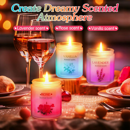 ElectricWise 3 Pack Glowing Scented Candles with Sensor Light, 21 Oz Aromatherapy Gifts for Women, Rose Vanilla Lavender Long Lasting Fragrance, Natural Soy Candle for Home Scented