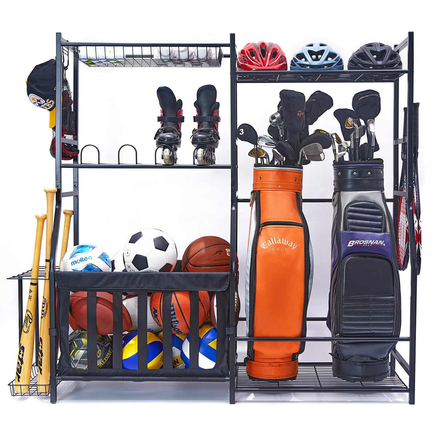 WALMANN Garage Sports Equipment Organizer, Golf Bag Stand for Garage Ball Storage Rack Indoor/Outdoor Kids Toys Storage Organizer Bins, Ball Holder with Baskets