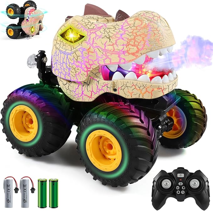 DYODYORC Remote Control Car 2.4Ghz All Terrain Dinosaur Monster Truck Toys RC Truck with Spay Music 3 Lighting Effects Stunt Capable Toy Gifts for Boys and Girls (Beige)