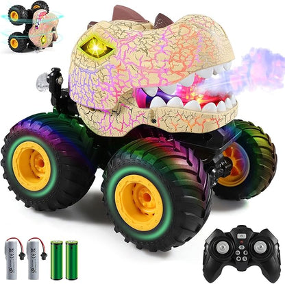 DYODYORC Remote Control Car 2.4Ghz All Terrain Dinosaur Monster Truck Toys RC Truck with Spay Music 3 Lighting Effects Stunt Capable Toy Gifts for Boys and Girls (Beige)