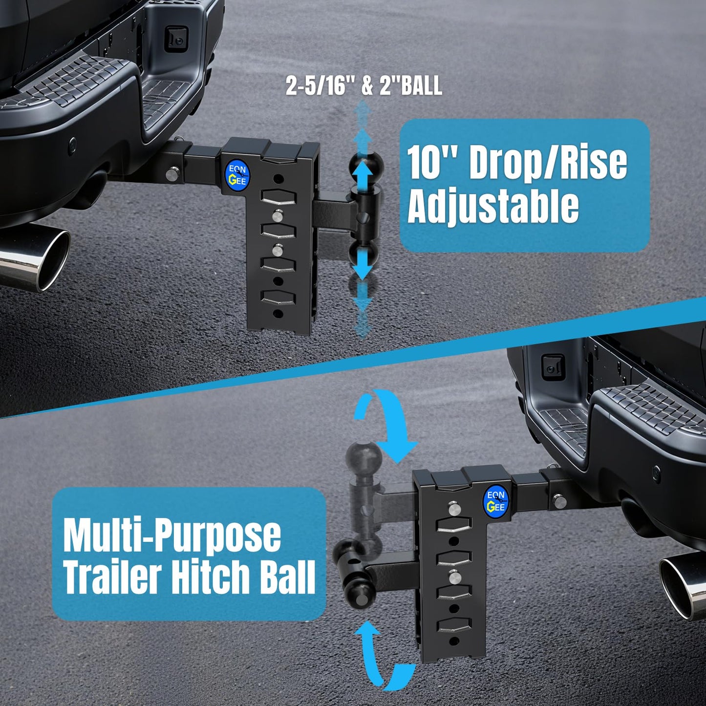 Trailer Hitch Fit 2-Inch Receiver, Drop Hitch 10" Drop & Rise, Adjustable Tow Hitch for Trucks 8000 LBS Towing Capacity with 2"& 2-5/16" Dual Ball Mount, Includes Pintle Lock & Hitch Pins & Clips