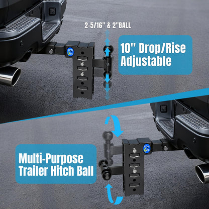 Trailer Hitch Fit 2-Inch Receiver, Drop Hitch 10" Drop & Rise, Adjustable Tow Hitch for Trucks 8000 LBS Towing Capacity with 2"& 2-5/16" Dual Ball Mount, Includes Pintle Lock & Hitch Pins & Clips