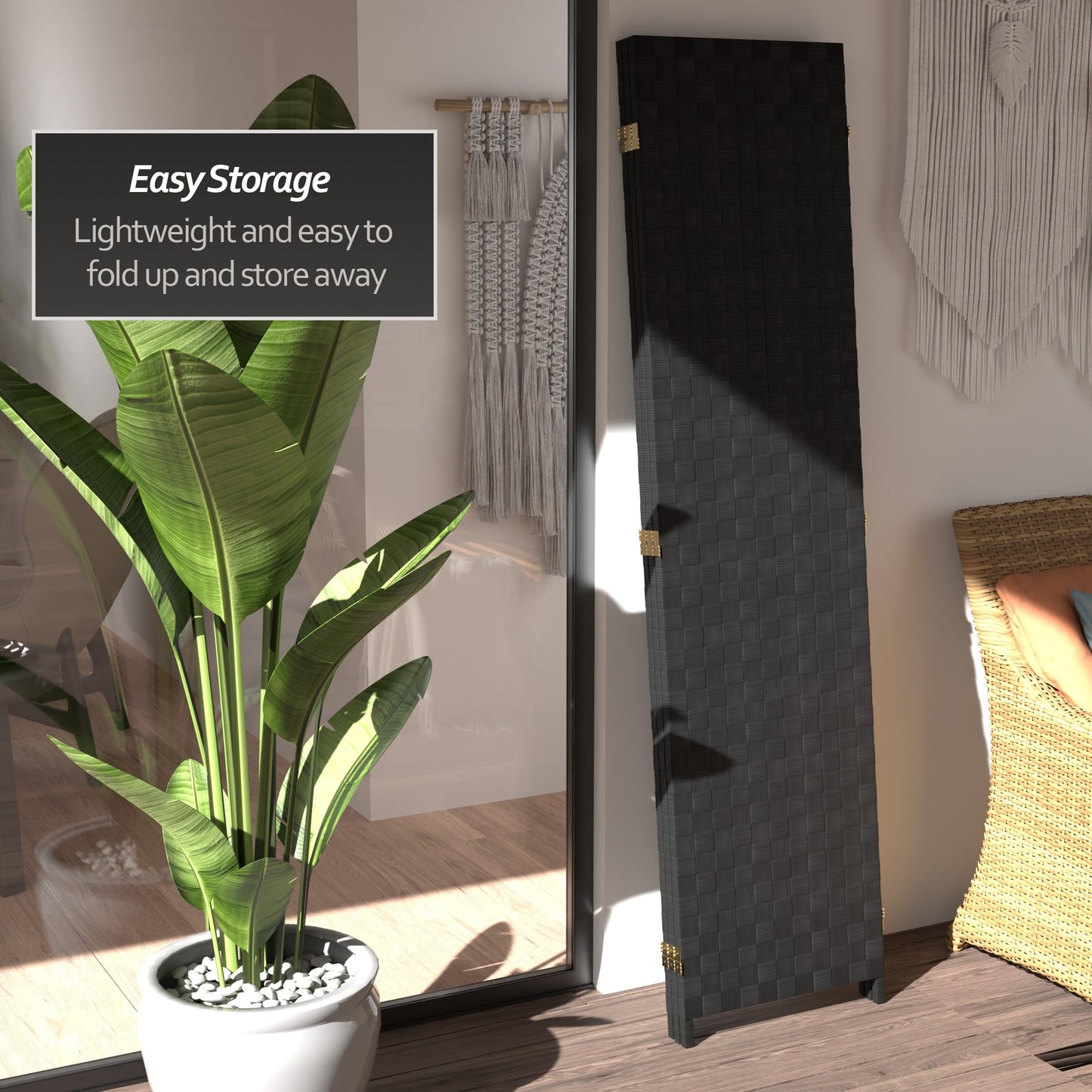 Red Lantern 6 ft. Tall Woven Fiber Outdoor All Weather Room Divider - 3 Panel - Black