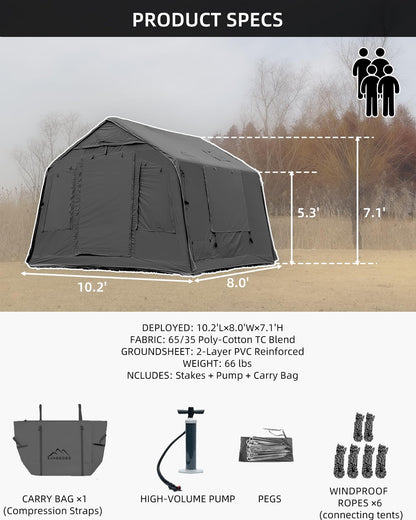 Inflatable Camping Tent for 2-4 Person, TC Cotton Canvas Blow Up Tent with Skylight & Stove Jack, 5-Minute Quick Setup Air Tent, 10.2' x 8' x 7' Glamping Tent for Family Camping, Festivals & Outdoors