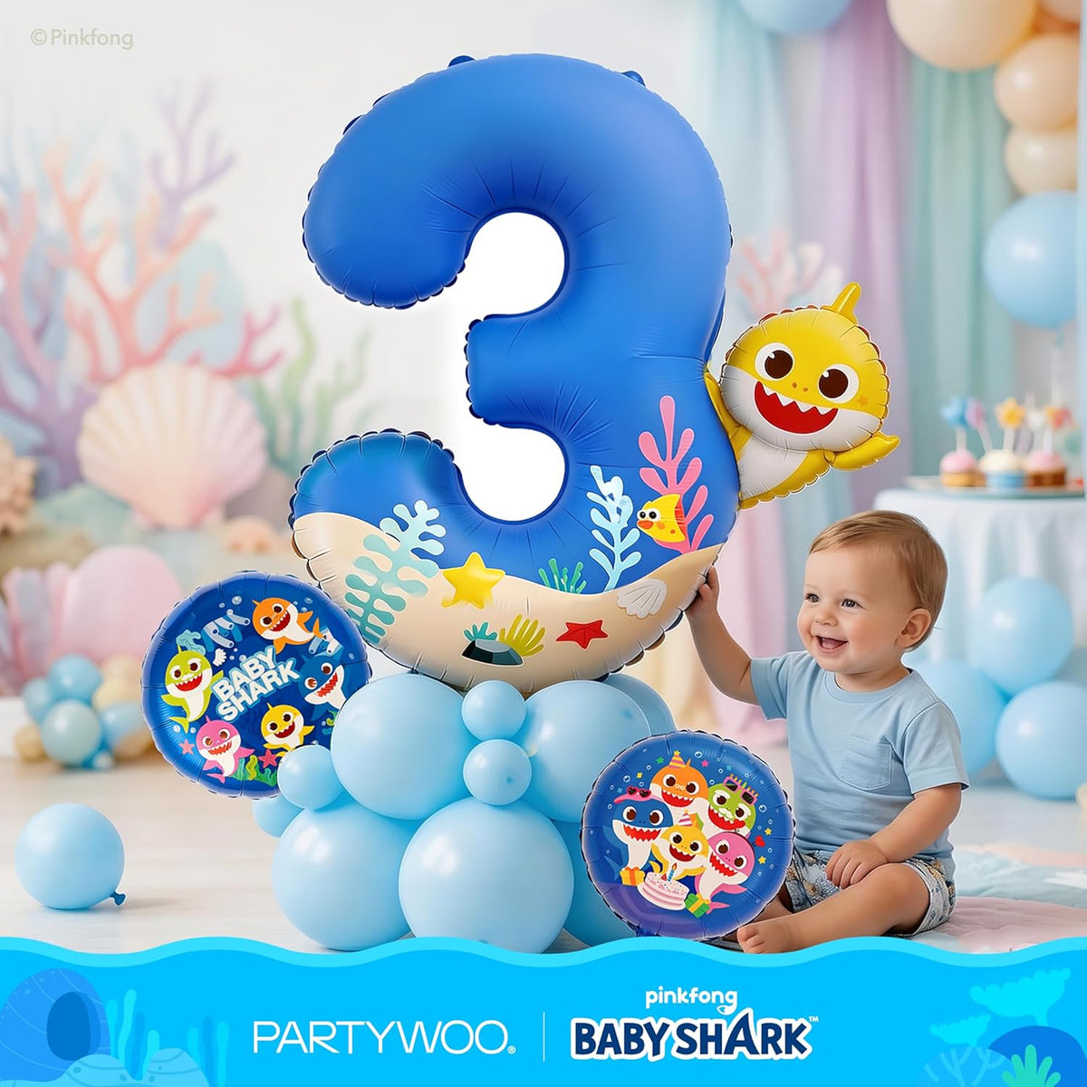 **PartyWoo Baby Shark Number 3 Balloon - 40 Inch Blue Mylar Helium Decoration for Kids' Birthday**