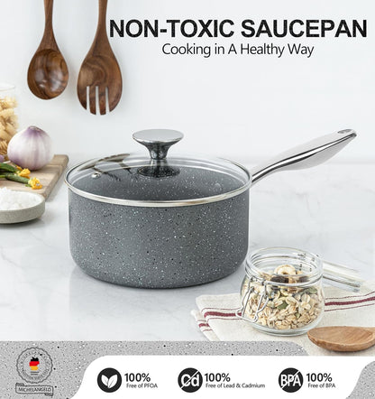 MICHELANGELO Nonstick Sauce Pan - 1 Quart with Lid & Stainless Steel Handle | Grey Granite Finish