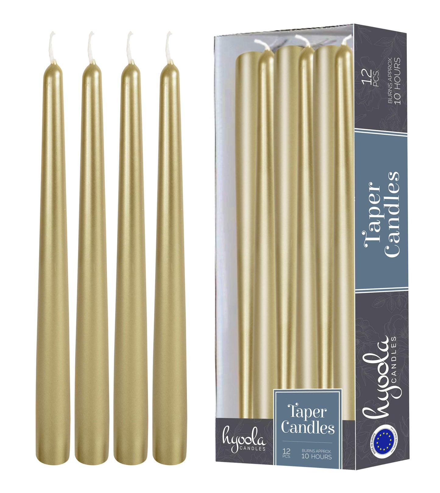 Hyoola Tall Metallic Cream Gold Taper Candles - 12 Inch - Dripless - 12 Pack - 10 Hour Burn Time