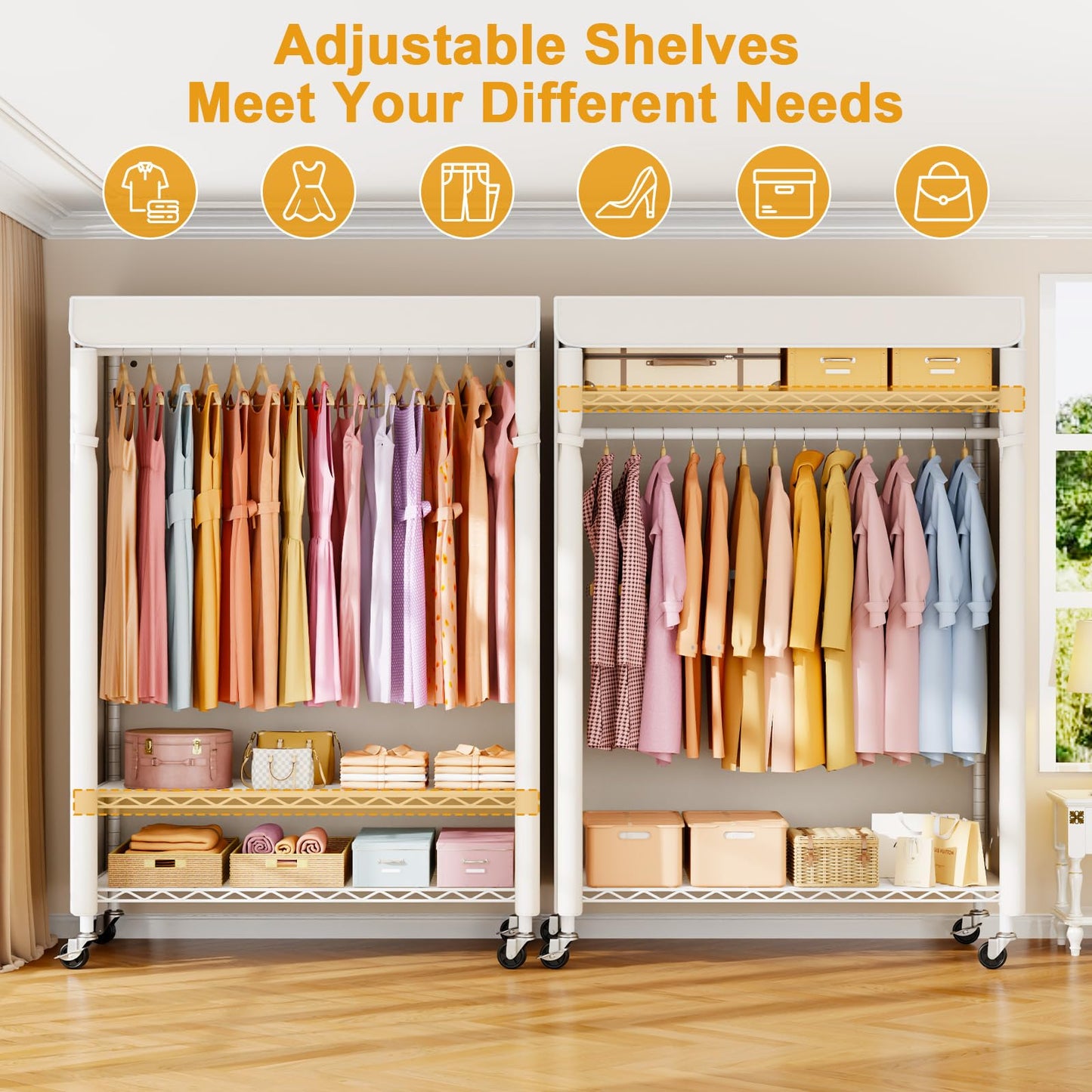 ULIFHOME P6C Plus Rolling Clothes Rack with Cover, Covered Clothing Rack Heavy Duty, Portable Closet for Hanging Clothes, Garment Rack on Wheels, White Closet Rack with White Cover, Max Load 375LBS