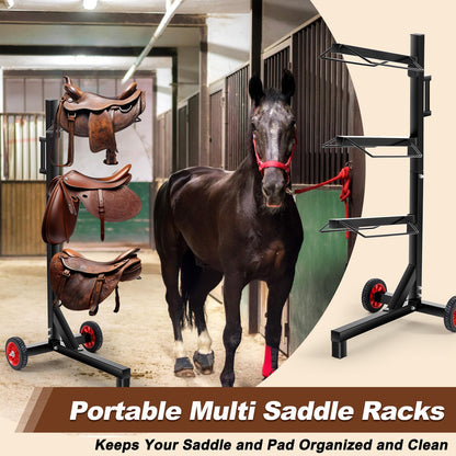 Abbylike 3 Tier Saddle Rack Stand with Wheels Portable Heavy Duty Saddle Pad Rack Horse Tack Storage for English Western Horses Blanket Stall Supplies Accessories