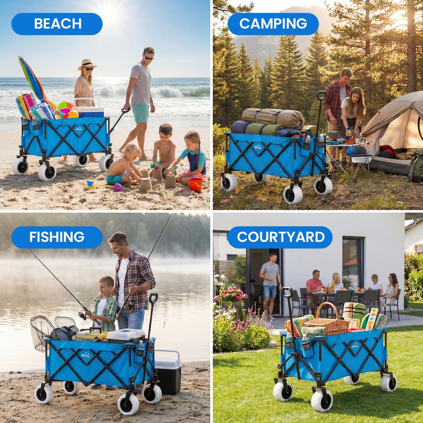 Zeraty Beach Wagon with Big Wheels for Sand, Heavy Duty All Terrain Wagons Carts Foldable with Solid 9" Tires, 300L Oversized Capacity & 330 LBS Load, Beach Cart for Outdoor & Camping, Blue