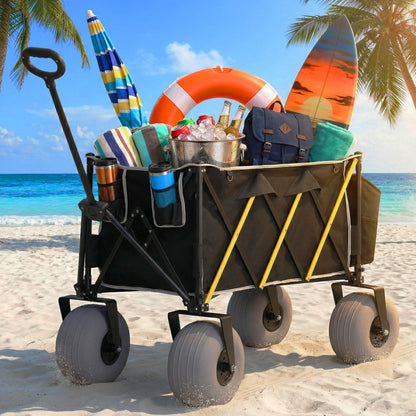 Beach Wagon with Big Wheels for Sand, Heavy Duty 350lbs Folding Beach Wagon with 10.5" All-Terrain Inflatable Wheels, Utility Cart for Camping, Outdoor Shopping, Garden & Sports, Includes Air Pump