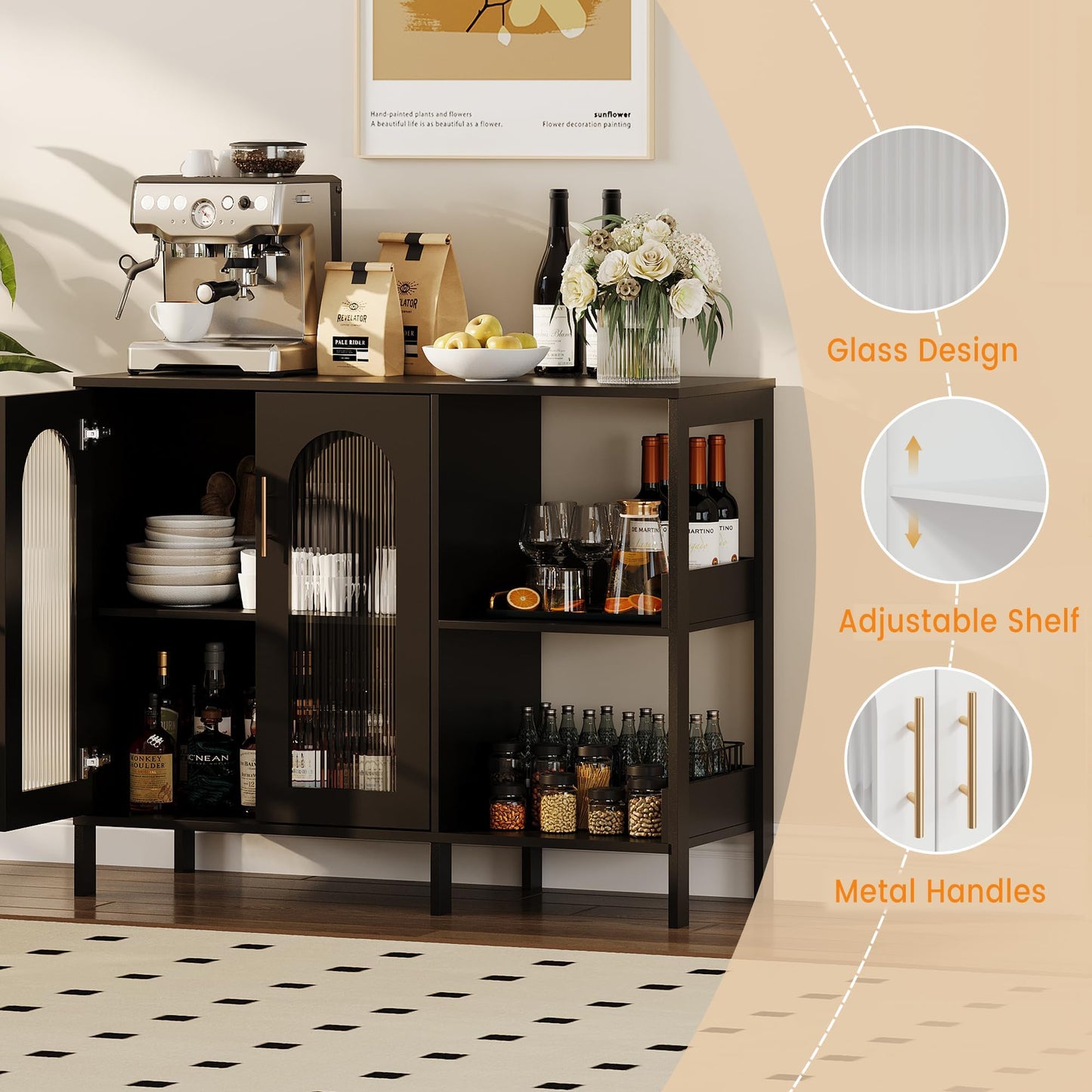 GarveeHome Glass Door Sideboard Cabinet, Modern Storage Buffet with Metal Handles and Adjustable Shelves, Solid Wood Frame Display Cabinet for Living Room, Dining Room, Kitchen, Entryway, Black