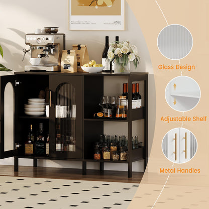 GarveeHome Glass Door Sideboard Cabinet, Modern Storage Buffet with Metal Handles and Adjustable Shelves, Solid Wood Frame Display Cabinet for Living Room, Dining Room, Kitchen, Entryway, Black
