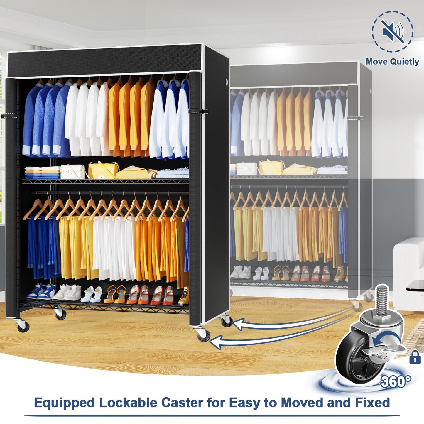 ULIFHOME P8C Pro Heavy Duty Clothes Rack（With Extended Width Design） Rolling Clothing Racks for Hanging Clothes with Lockable Wheels，42" W x 15.8" D x 80.5" H，Load 700LBS，Black Rack with Black Cover