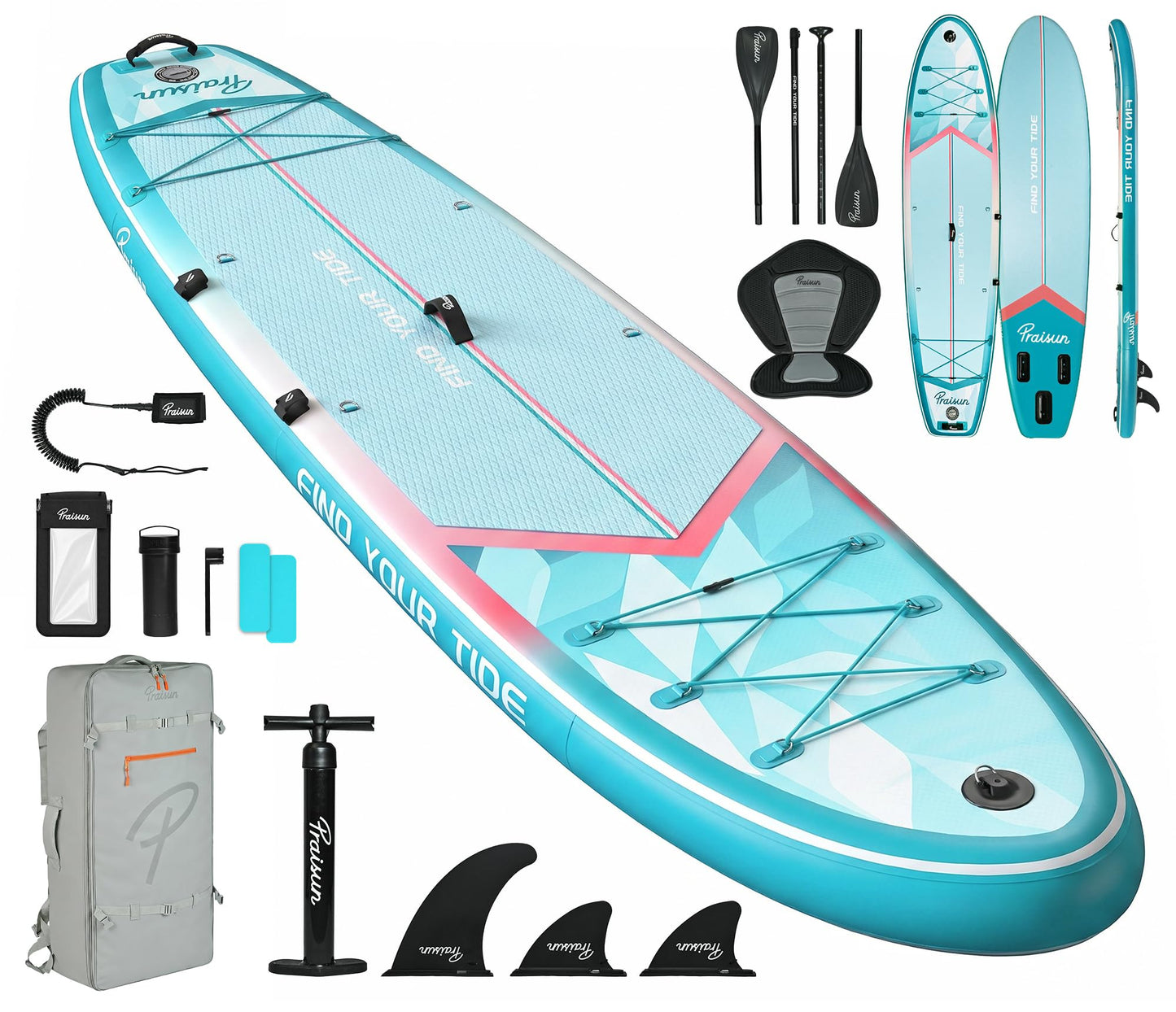 PRAISUN 12’ x 35” Inflatable Paddle Board, 450lbs Extra Wide Stand Up Paddleboard for Youth/Adults of All Skill Levels, Stable SUP with Seat & Full Kit, for Fishing, Yoga, Lake & Ocean, Mint Green