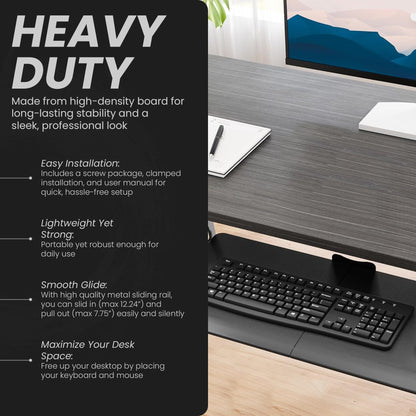 Under Desk Keyboard Tray Slide Out, Clamp On Pull Out Drawer with Mouse Space, Fits Desks 10–50mm Thick, 25 x 9.8 Inch Ergonomic Keyboard Holder for Comfortable Typing at Home or Office