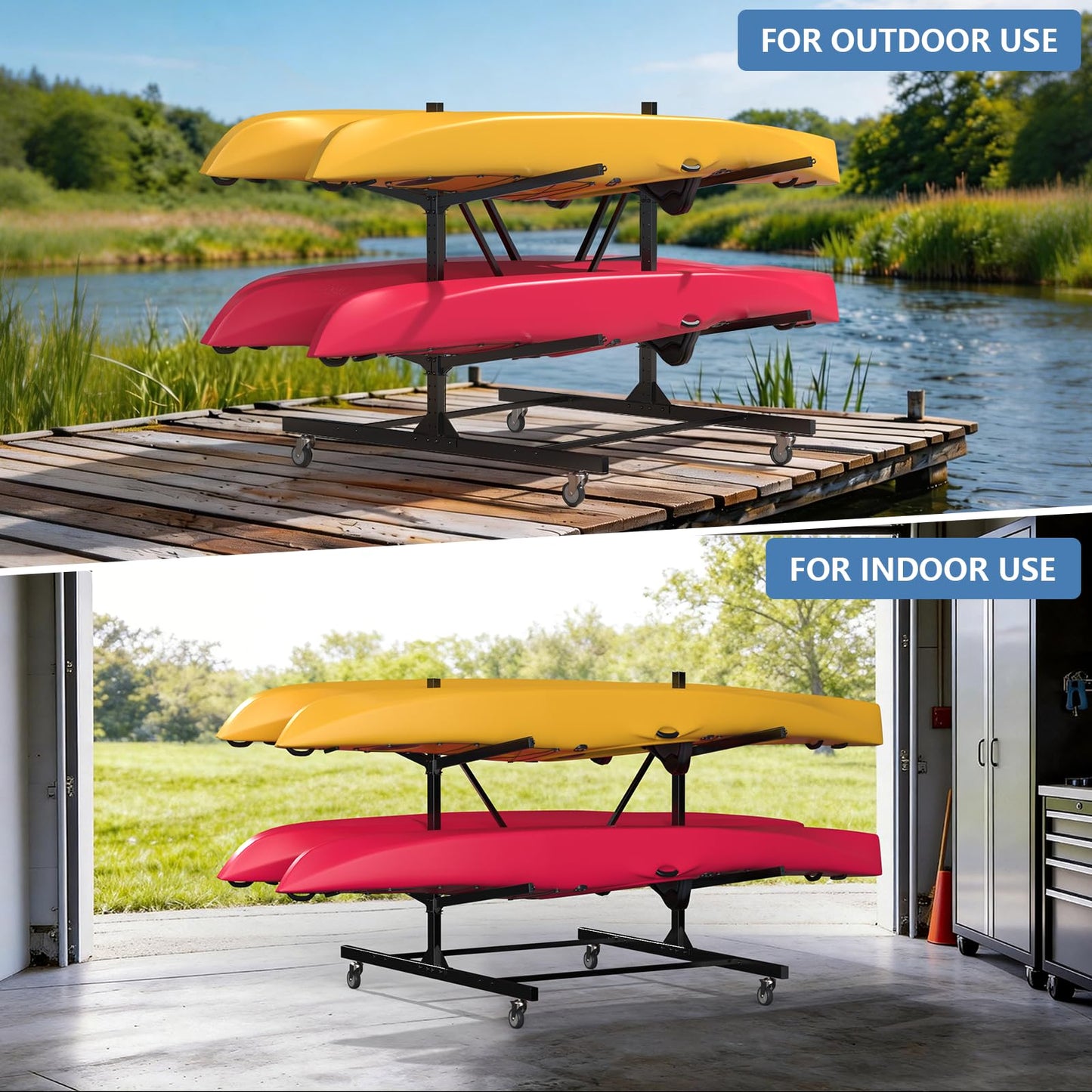 LXVOOEE Kayak Storage Rack, Heavy Duty Freestanding Kayak Rack for Garage and Outdoor Storage, Kayak Stand Adjustable for Kayak, Canoe, Surfboard and Paddle Board (4-Kayak)