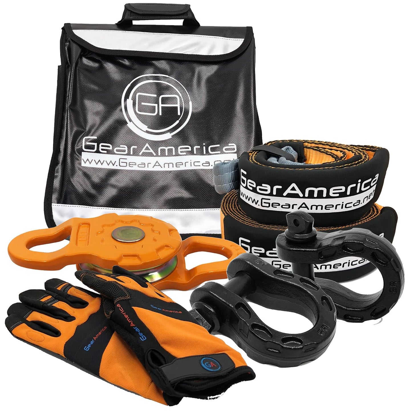 GearAmerica Off Road Recovery Kit, 25 Ton, Includes Tow Strap, Tree Saver, Mega Snatch Block Pulley, D-Ring Shackles, Winch Line Dampener Bag, Gloves - Off Road Recovery Gear, 4x4, Black